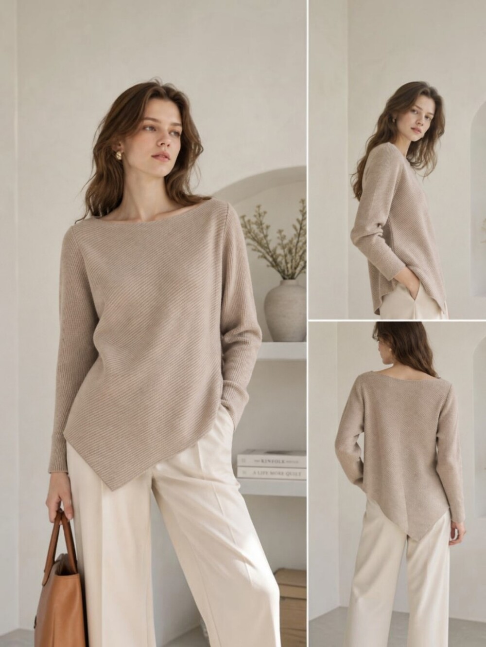 NWT Goelia Women’s XL Ribbed Boat Neck Sweater Beige Asymmetrical Hem